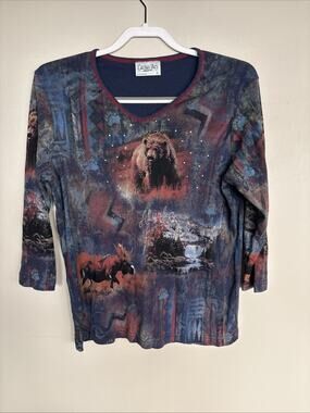 Vintage Y2K Cactus Bay XL Bear Moose Rhinestone Wildlife 3/4 Sleeve USA Top